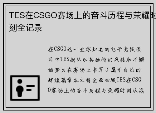 TES在CSGO赛场上的奋斗历程与荣耀时刻全记录
